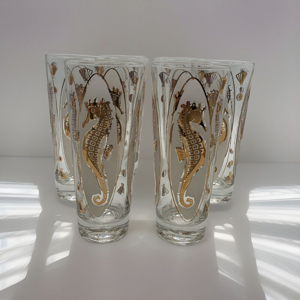 Vintage Signed Fred Press Gold Seahorse Collins Glasses Set Of 6 EUC